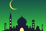 A graphic of a mosque silhouette against a green background.