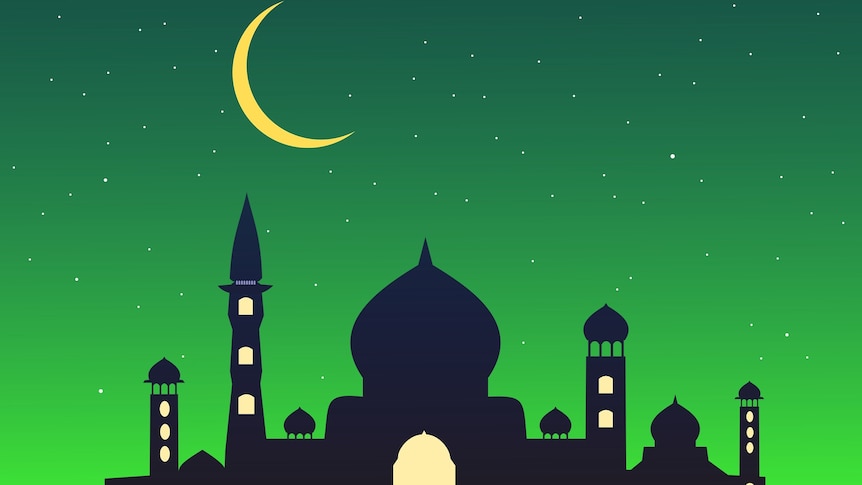 A graphic of a mosque silhouette against a green background.