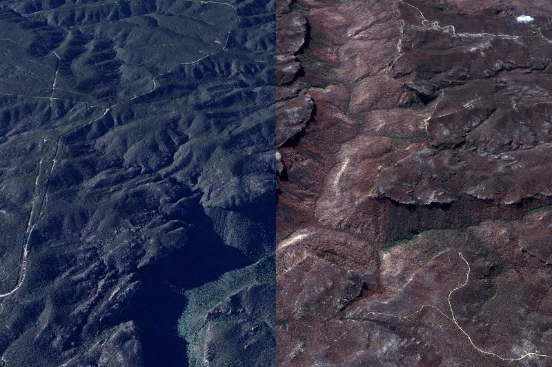 a composite image showing a green mountain scapes against burnt bushland