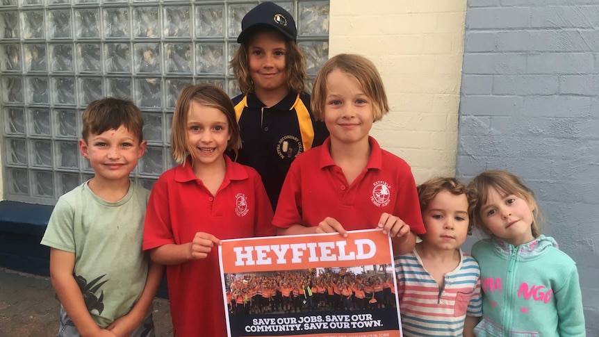 Heyfield children outside a meeting about the future of the town's sawmill.
