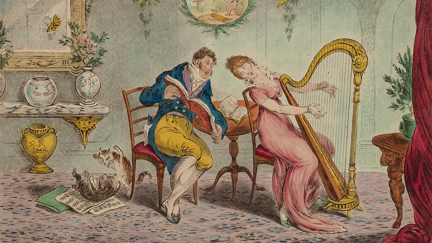 A cartoon illustration from the 1800s shows a man in a blue coat showing sheet music to a woman playing a harp.