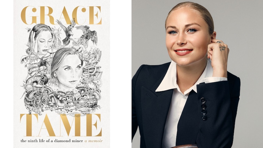 Grace Tame's Book Cover on the left a portrait photo of Grace Tame with tied back hair and a suit. 