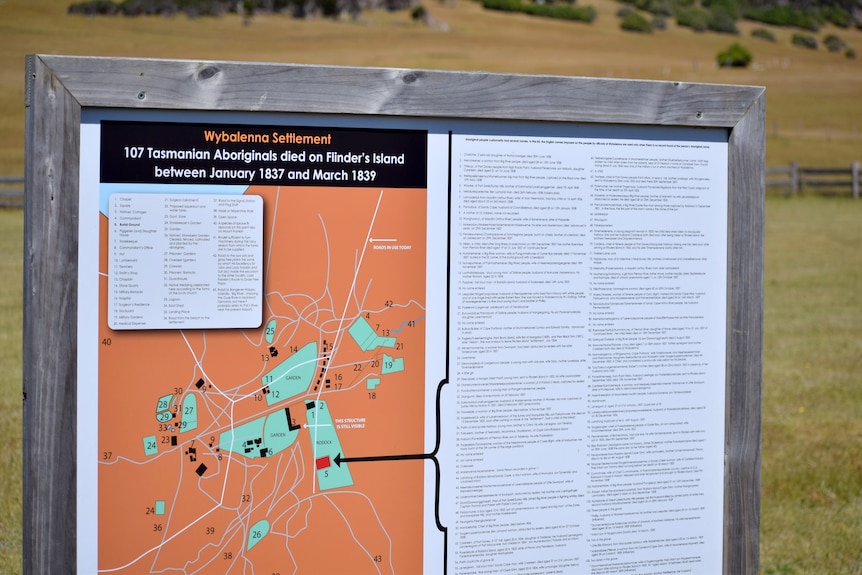 Interpretation board showing map of Wybalenna, behind it is a grassy paddock.
