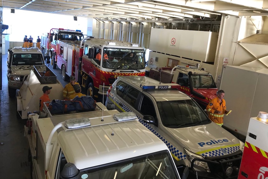 Emergency services vehicles travelling to Bruny Island on ferry, Christmas Eve, 2018.