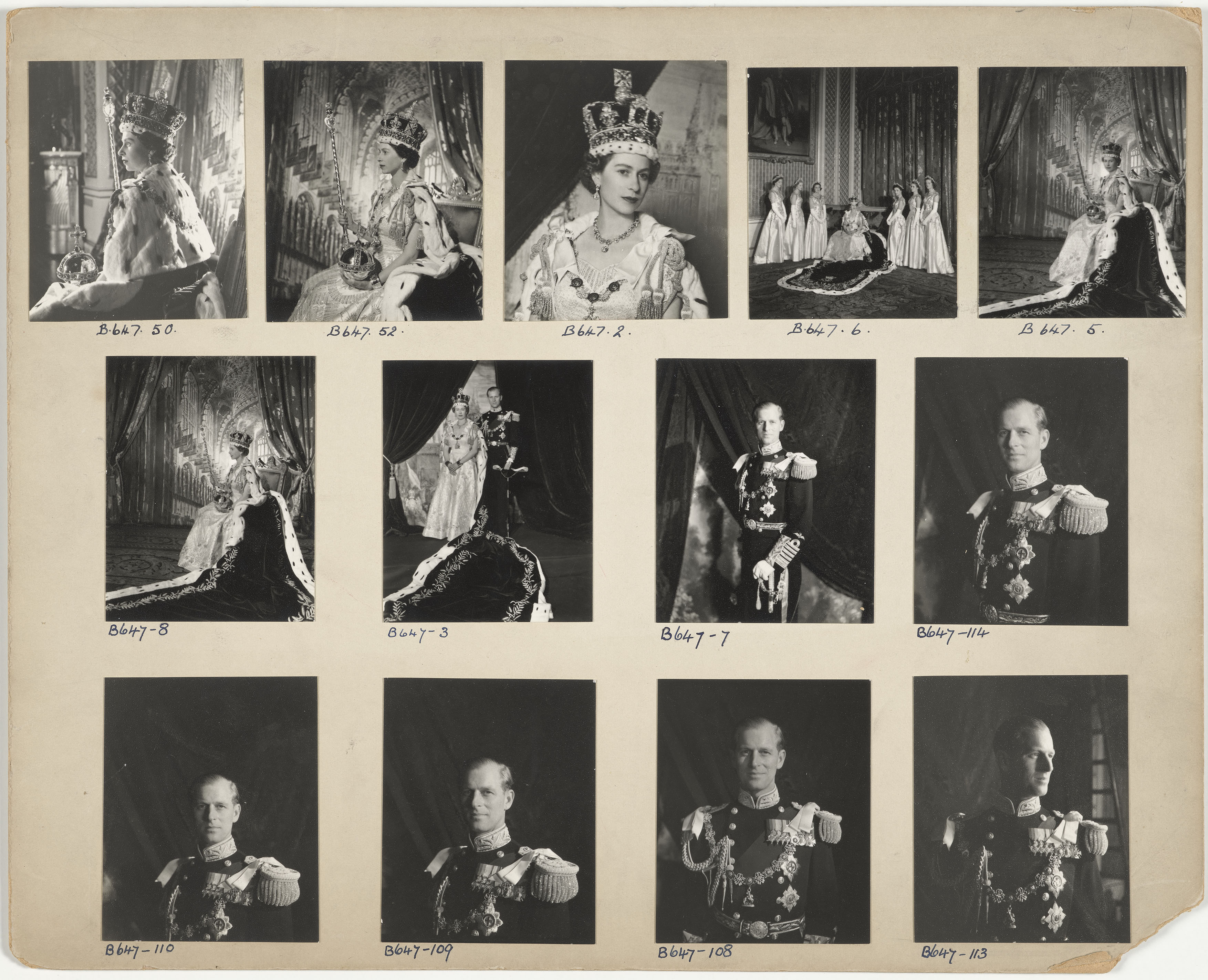 A contact sheet of proofs from the Queen's Coronation sitting with lots of individual photos
