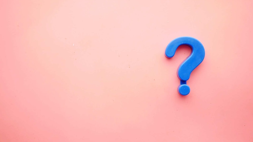 A blue question mark fridge magnet on a coral background