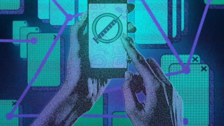 Illustration first person view of hands with smartphone with Anti-Vax logo on glowing screen and web of purple lines