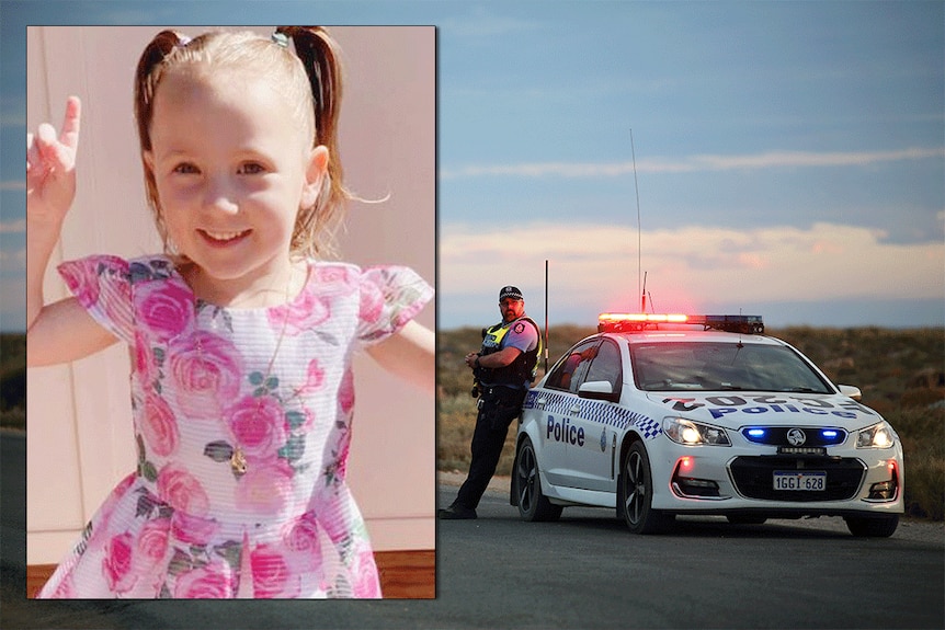 Cleo Smith and a police officer leaning on a police car