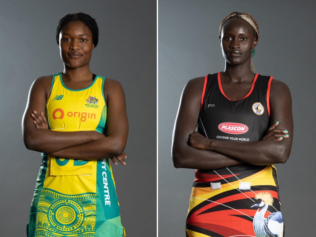 Sunday Aryang and Mary Cholhok pose for their World Cup profile shots with their arms crossed