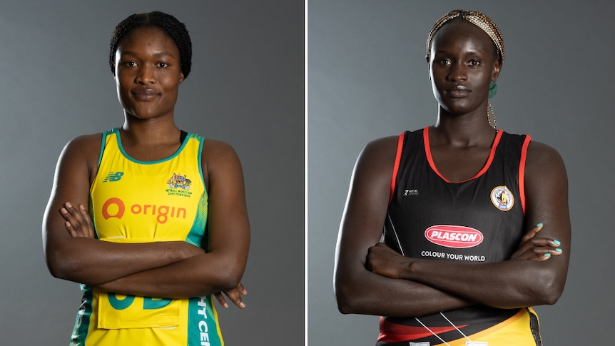 Sunday Aryang and Mary Cholhok pose for their World Cup profile shots with their arms crossed