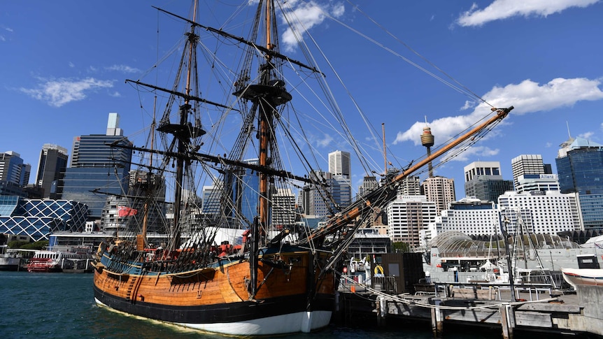 A replica of Captain Cook's ship 'Endeavour' is seen at the Australian National Maritime Museum in Sydney