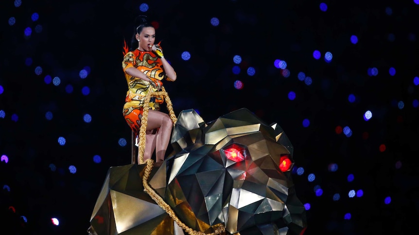 Katy Perry rides an animatronic lion during the Super Bowl half-time show.