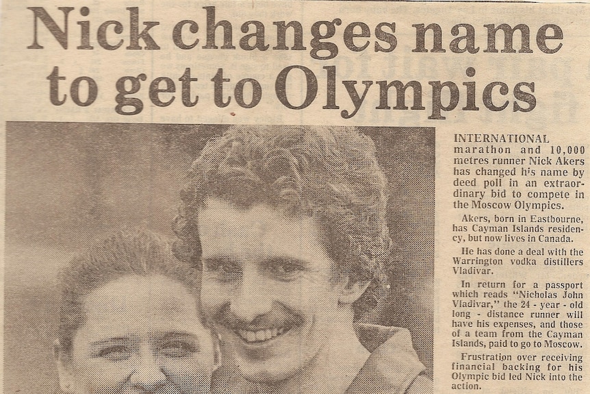 Yellowed newspaper clipping with the headline 'Nick changes name to get to Olympics' and picture of a couple hugging.
