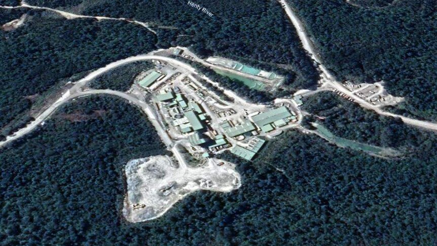 A satellite picture of the Henty Gold Mine showing white and light green structures amid greenery