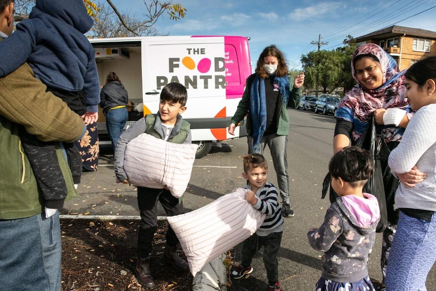 A family collects packages