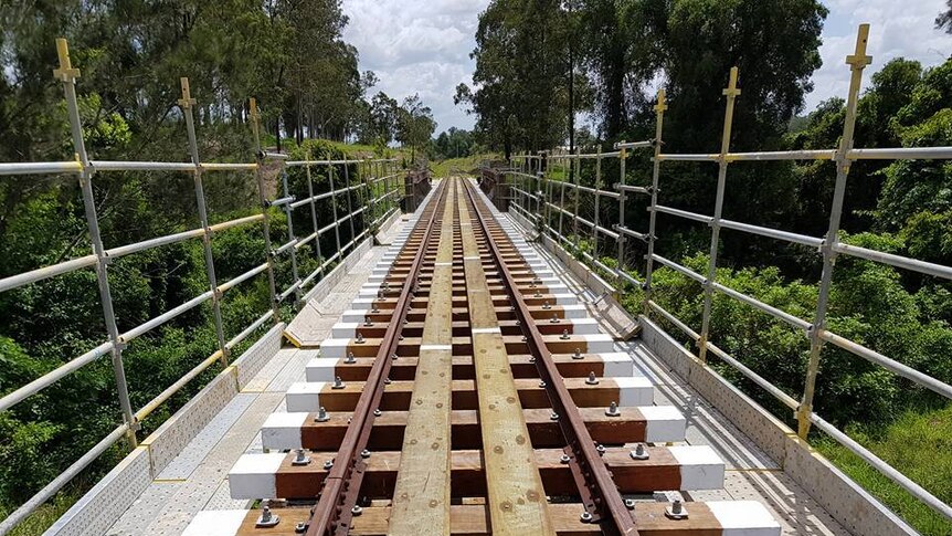 Railway track being built over the Mary Valley