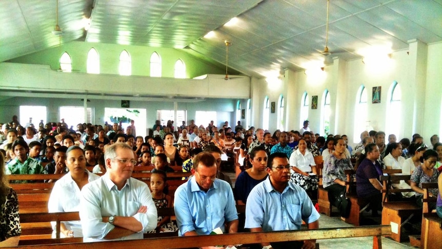 Opposition immigration spokesman Scott Morrison, Tony Abbot and Nauru president Marcus Stephen