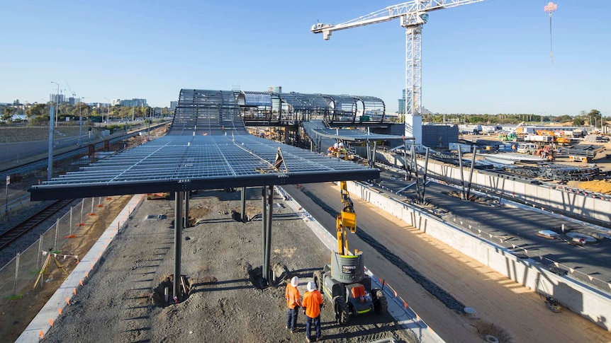 The new Perth Stadium train station under construction on the Burswood Peninsula.