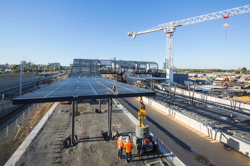 The new Perth Stadium train station under construction on the Burswood Peninsula.