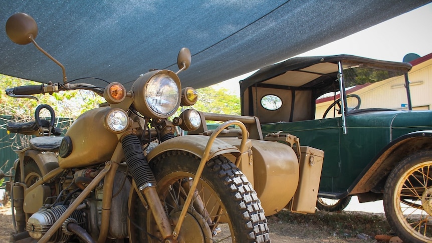 A photo of the world war two replica german BMW motorbike and an Austin Chummy car in Laura, Queensland