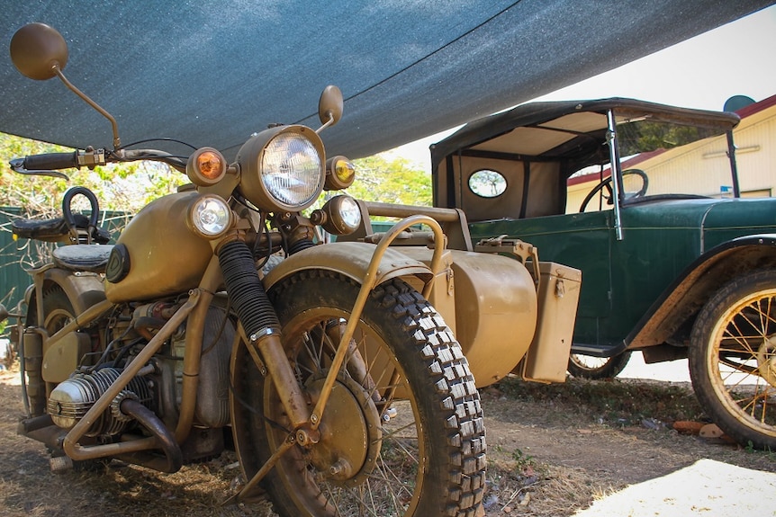 A photo of the world war two replica german BMW motorbike and an Austin Chummy car in Laura, Queensland