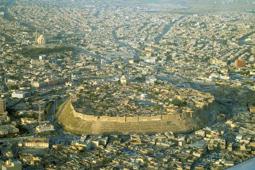 Hewlêr Citadel is at the center of the city of Erbil, also known as Hewlêr, the capital of Iraqi Kurdistan.