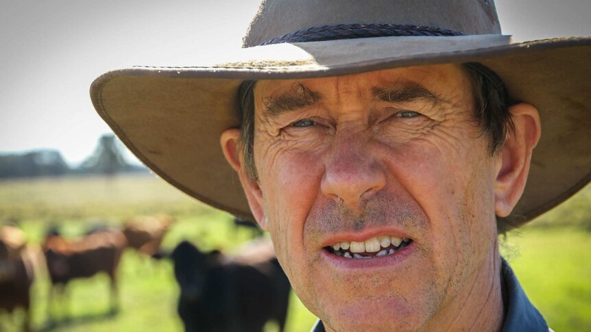 Tight photo of the face of Kingaroy farmer Damien O'Sullivan in a paddock