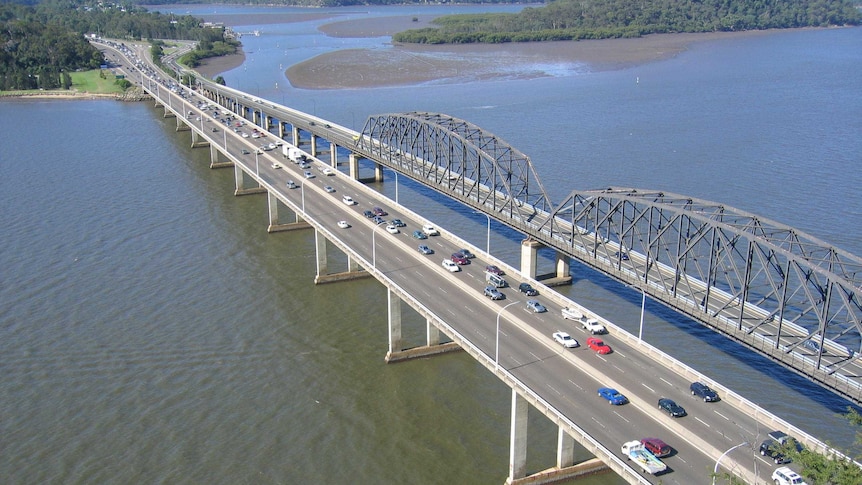A aerial view of traffic on the Hawkesbury River Bridge at Mooney Mooney over the Hawkesbury River.