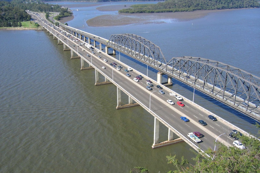 A aerial view of traffic on the Hawkesbury River Bridge at Mooney Mooney over the Hawkesbury River.