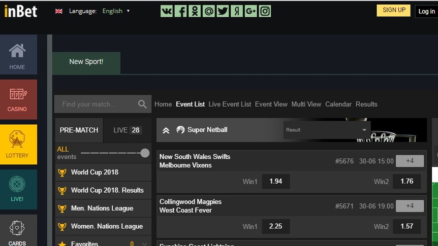 A screenshot of the the online sports betting site inBet,