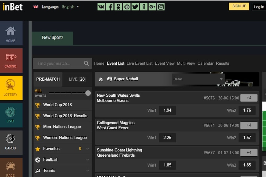 A screenshot of the the online sports betting site inBet.
