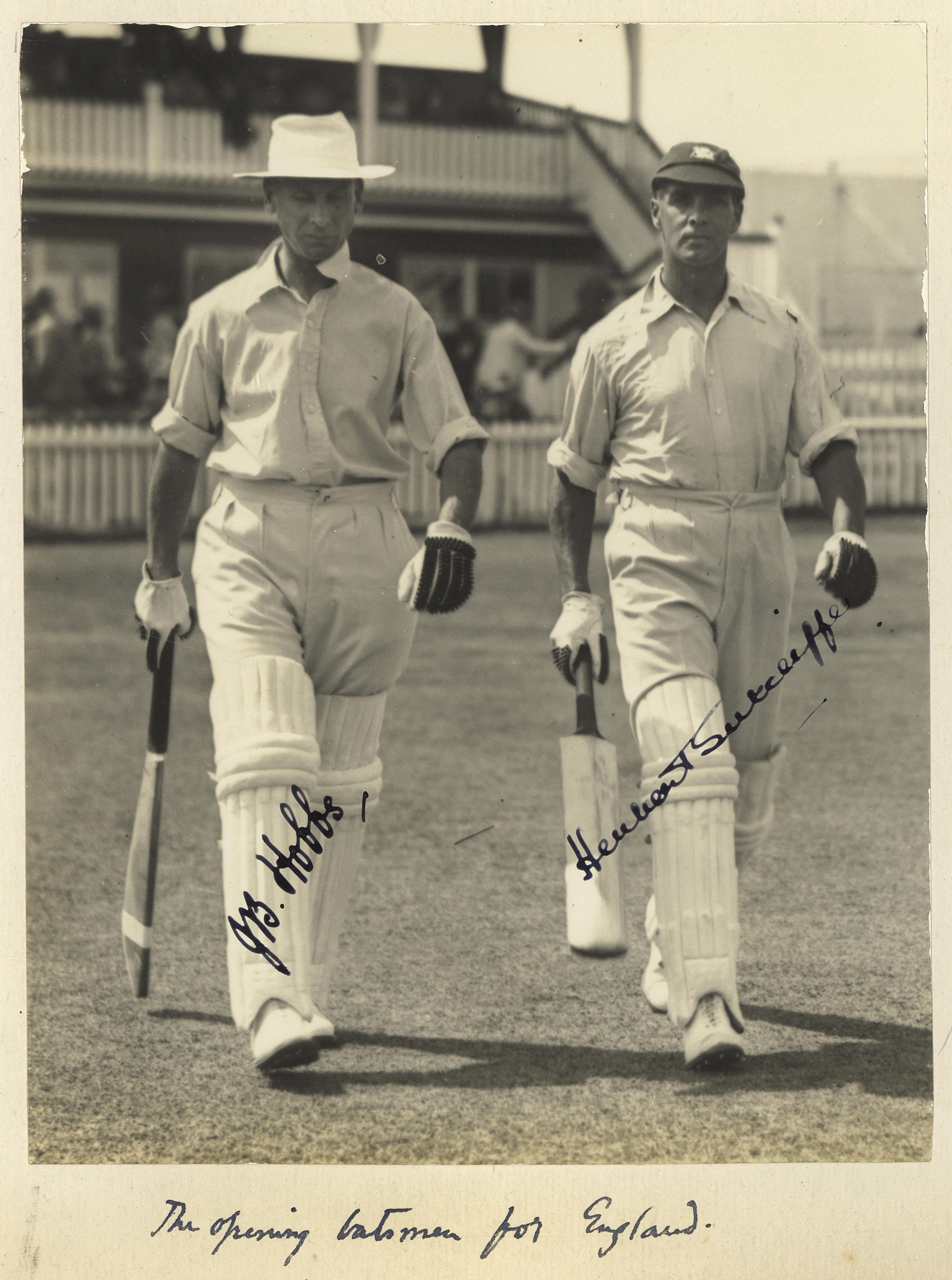 Jack Hobbs and Herbert Sutcliffe walk out to bat