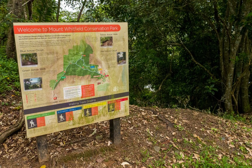 A sign marking different walking trails in the Mount Whitfield area of Cairns, far north Queensland.