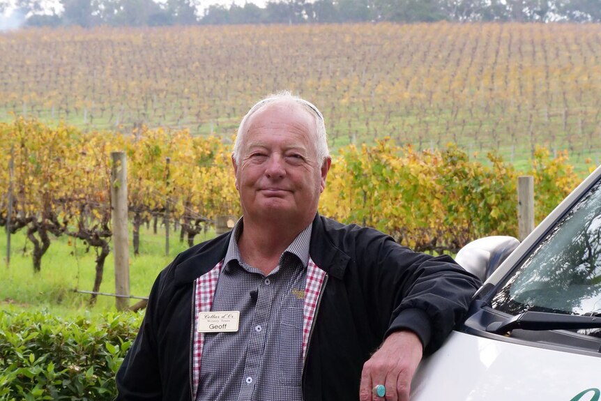 A man stands in front of a vineyard, arm resting on a vehicle.
