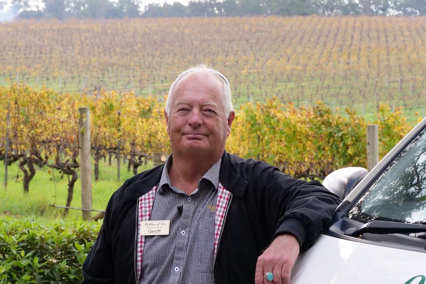 A man stands in front of a vineyard, arm resting on a vehicle.