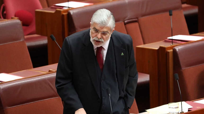Kim Carr points towards his desk as he speaks in the Senate