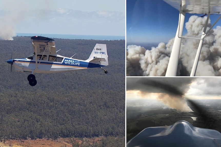 A composite of photos of bushfires and planes from the air.