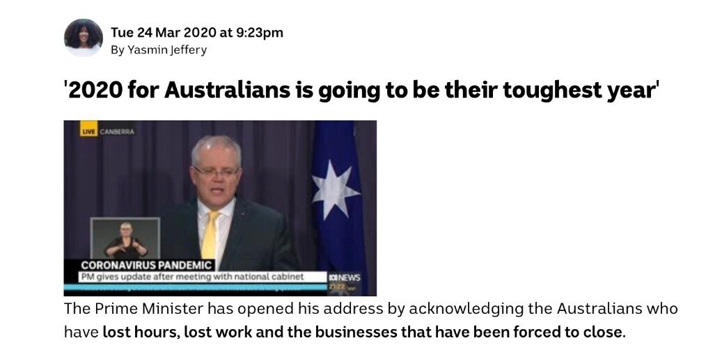 Blog post of Prime Minister saying '2020 for Australians is going to be their toughest year'