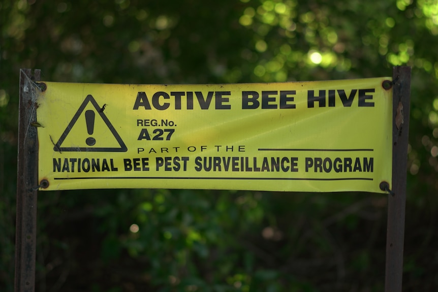 A sign warning of an active bee hive as part of a surveillance program.