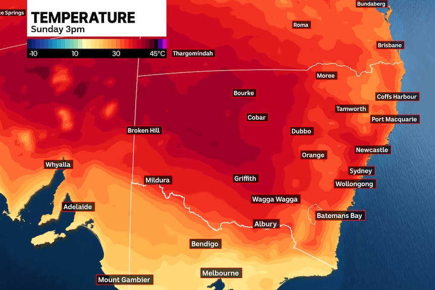 a map pf the state of new south wales showing  hot temperatures