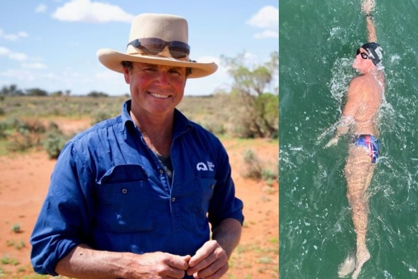 A composite image of a smiling man in a cowboy hat and an overhead shot of a swimmer in green water.