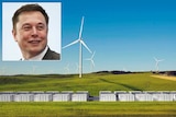 An artist's impression of buildings housing Tesla batteries on a green hill, with wind turbines behind.