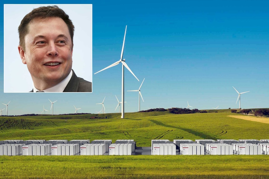 An artist's impression of buildings housing Tesla batteries on a green hill, with wind turbines behind.