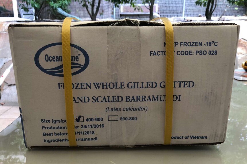 A box of imported barramundi from Vietnam.