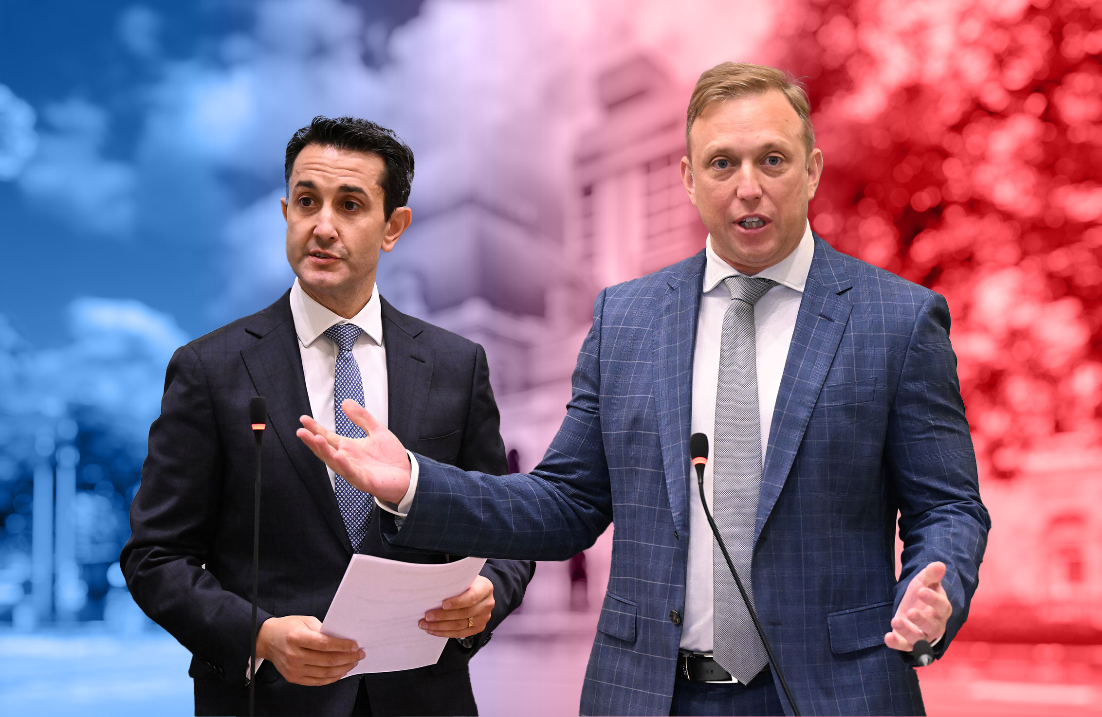 Steven Miles David Crisafulli with a red and blue background