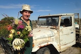 Miga Lake shearer Brett McDonald holding a bunch of the flowers he grows on his farm