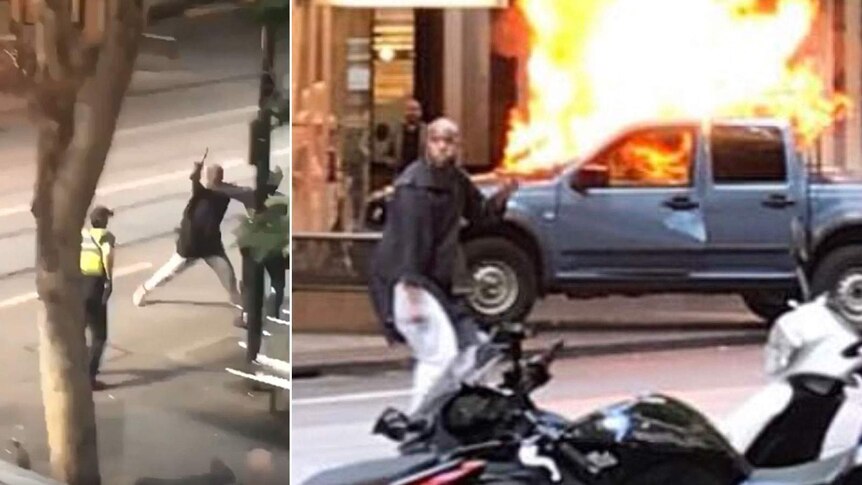 Composite of a car on fire and suspect attacking police in Bourke Street