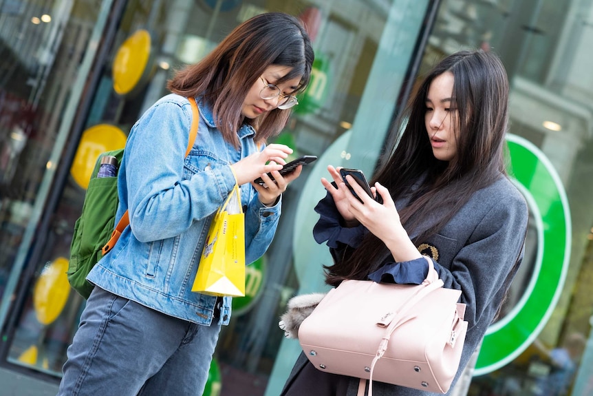 Two women texting on their mobile phones