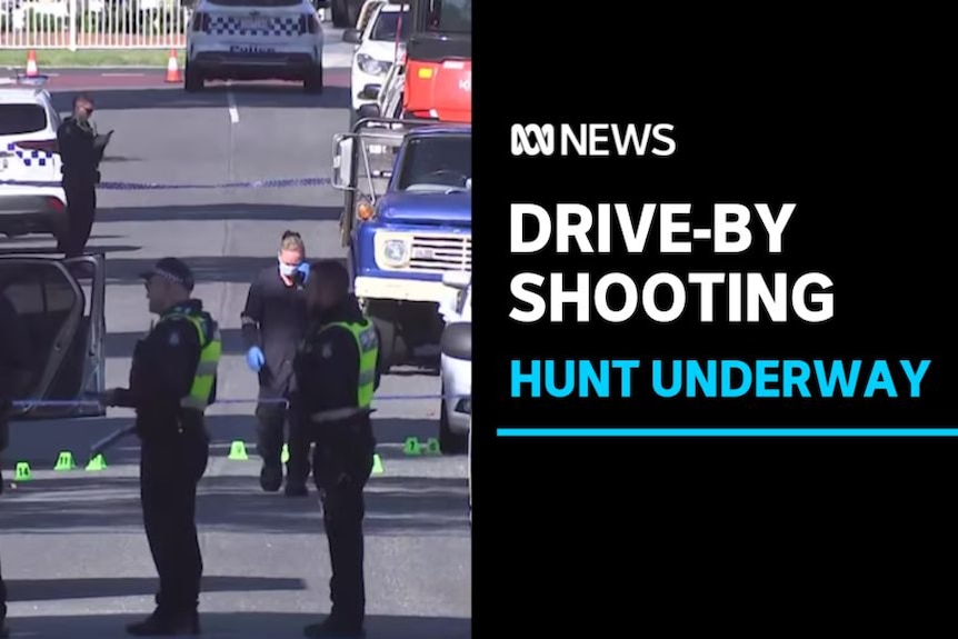 Drive-By Shooting, Hunt Underway: Police officers stand at a crime scene in a suburban street.