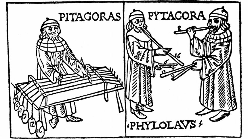 A woodcut engraving of Pythagoras's theory on musical harmony, illustrated with numbered strings and various-sized pipes.